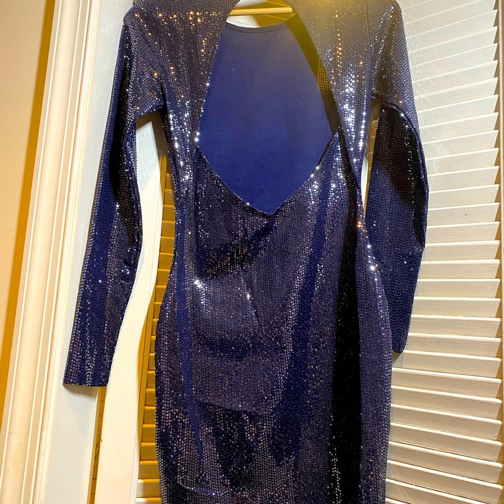 Navy blue and silver sequin body con dress size: S open back